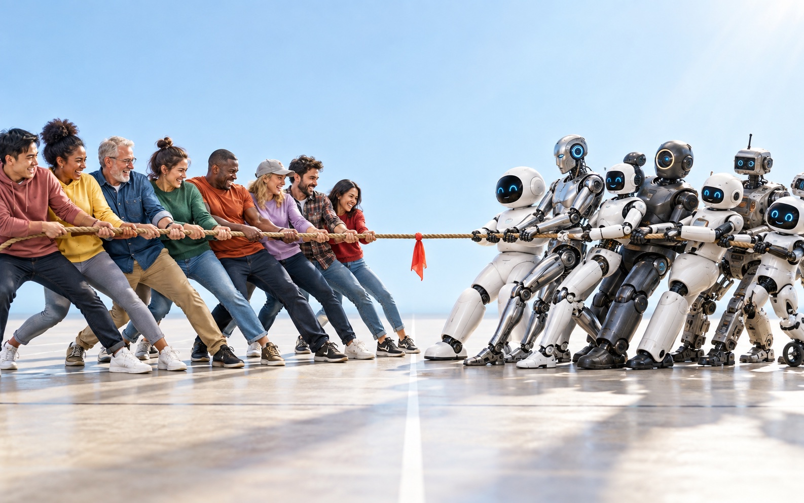 A crowd of people and a crowd of robots playing tug of war.