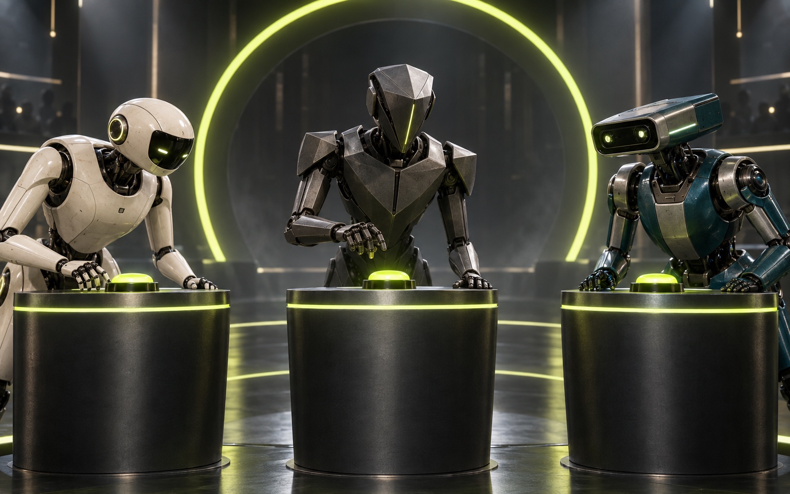 Three robots competing at illuminated game-show buzzers.